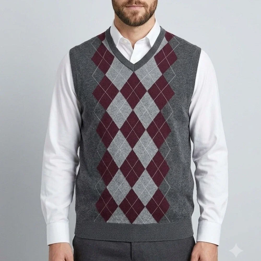 Banana Republic‎ Mens Argyle Sweater Vest Silk Cashmere Grey Burgundy V-Neck M